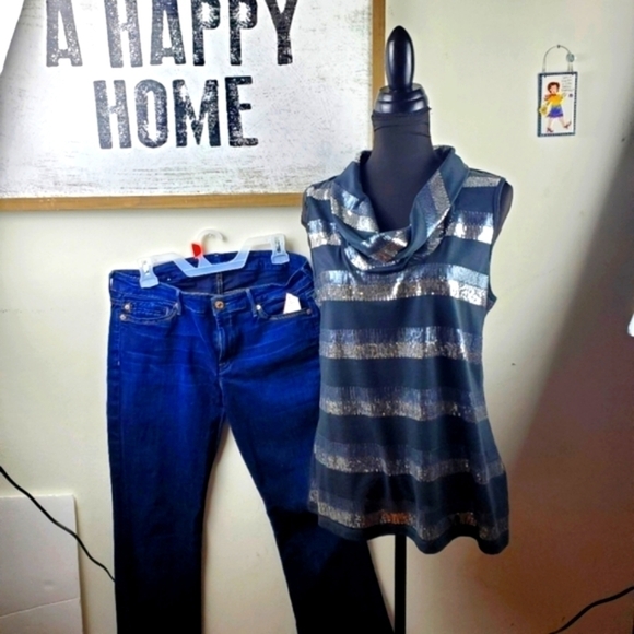 Laura Ashley Sequins Beaded Gray Silver Shell Top Size L - Picture 5 of 11